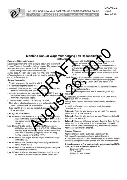 Form Mw-3 Draft - Montana Annual Wage Withholding Tax Reconciliation - Department Of Revenue - 2010 Printable pdf