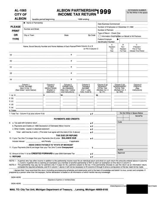 Form Al-1065 - Albion Partnership Income Tax Return - 1999 Printable pdf
