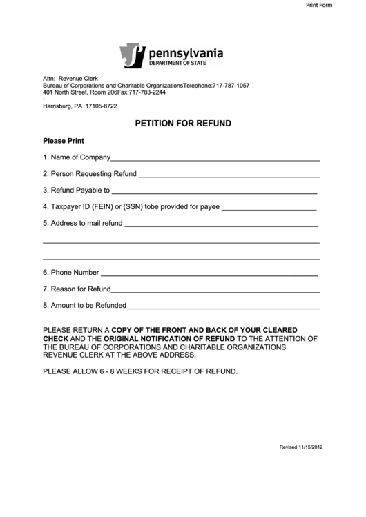 Fillable Petition For Refund - Pennsylvania Department Of State Printable pdf