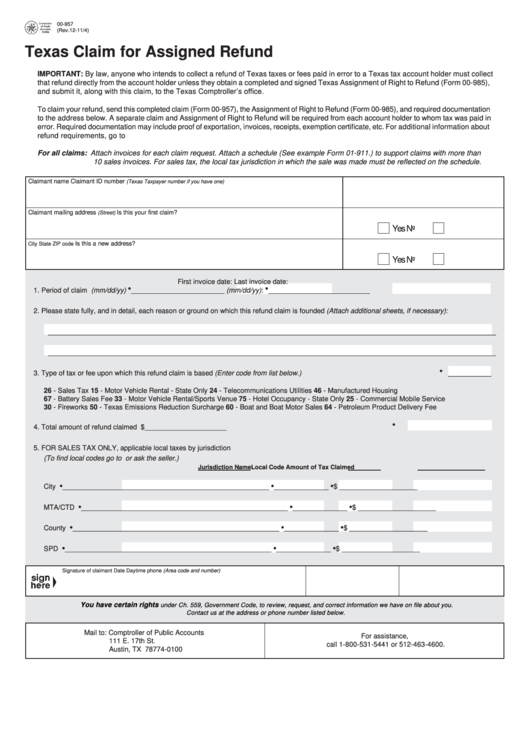 Fillable Form 00-957 - Texas Claim For Assigned Refund Printable pdf