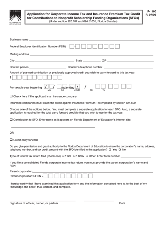 Form F-1160 - Application For Corporate Income Tax And Insurance Premium Tax Credit For Contributions To Nonprofit Scholarship Funding Organizations Printable pdf
