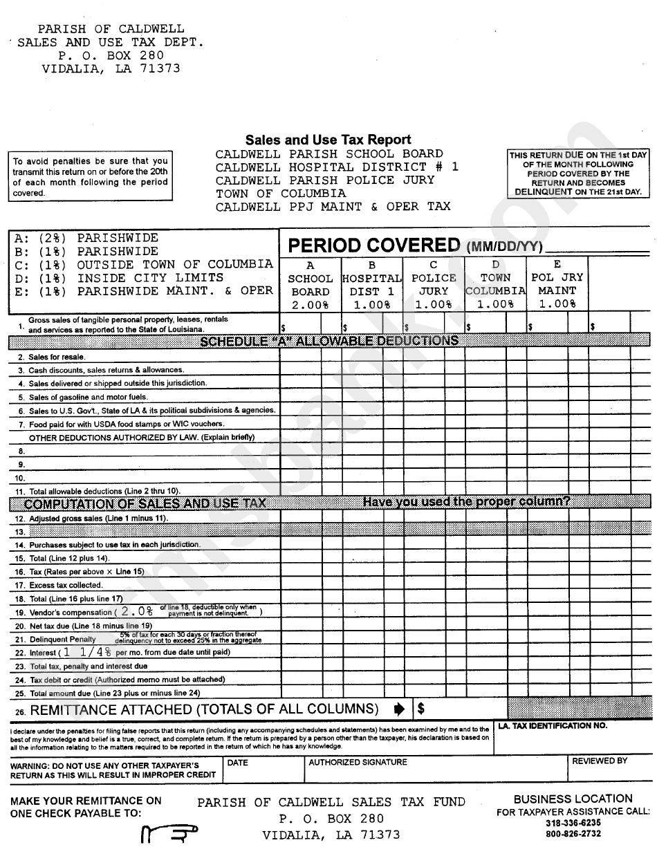 Sales And Use Tax Report - Parish Of Caldwell Sales And Use Tax Dept