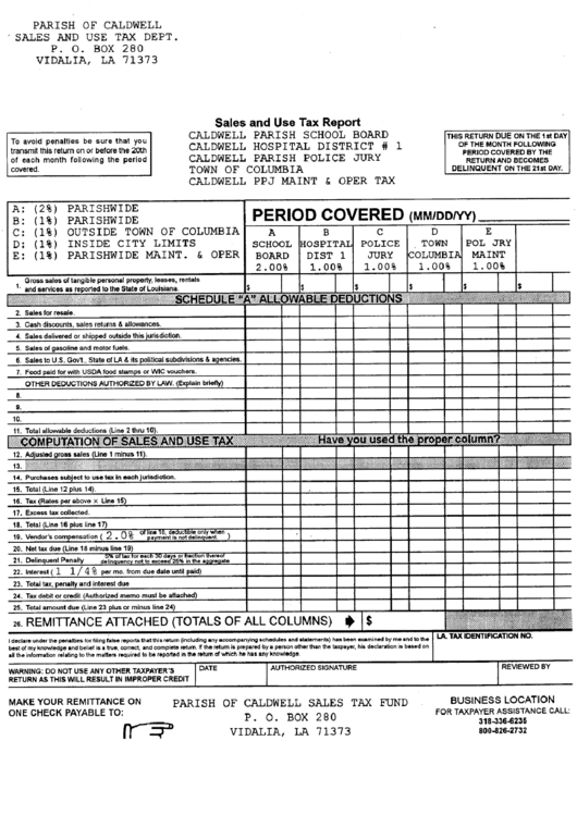 Sales And Use Tax Report - Parish Of Caldwell Sales And Use Tax Dept Printable pdf