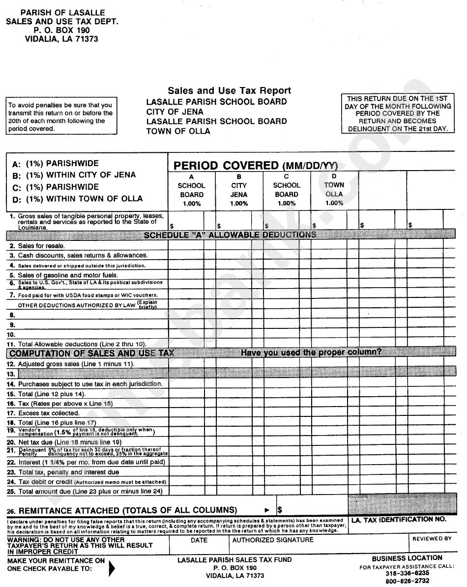 Sale And Use Tax Report - Parish Of Lasalle Sales And Use Tax Dept