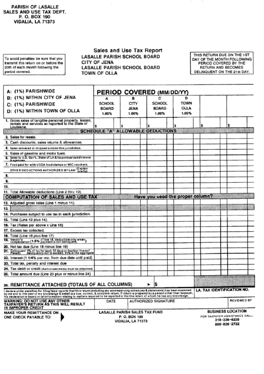 Sale And Use Tax Report - Parish Of Lasalle Sales And Use Tax Dept Printable pdf