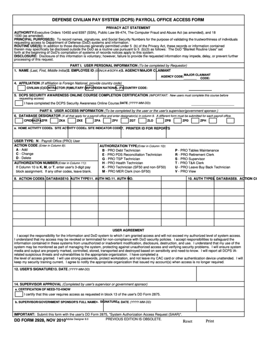Fillable Dd Form 2928 - Defense Civilian Pay System (Dcps) Payroll Office Access Printable pdf