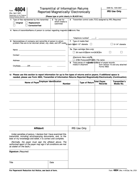 Fillable Form 4804 - Transmittal Of Information Returns Reported Magnetically/electronically Printable pdf