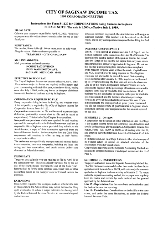 Instruction For Form S-1120 For Corporations Doing Business In Saginaw - Michigan - 1999 Printable pdf