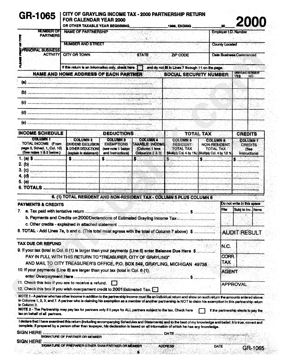 Form Gr-1065 - City Of Grayling Income Tax - Partnership Return 2000