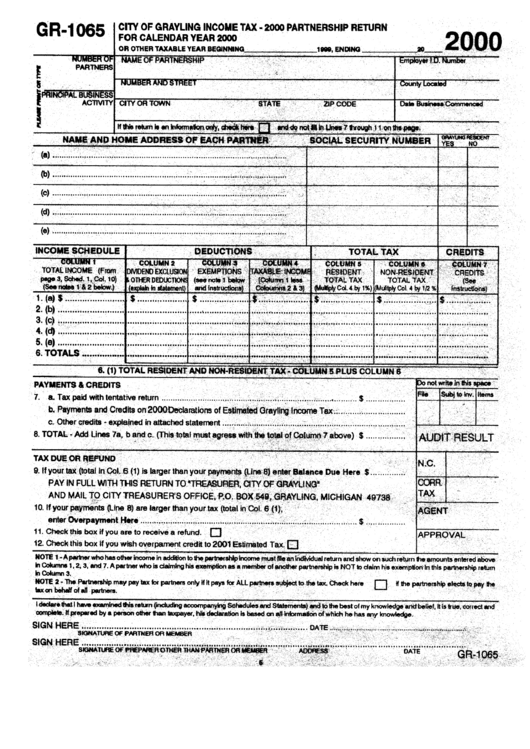 Form Gr-1065 - City Of Grayling Income Tax - Partnership Return 2000 Printable pdf