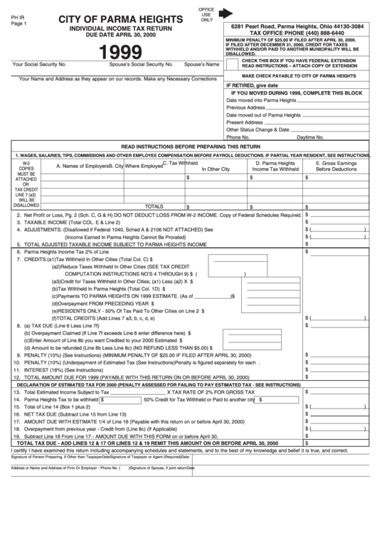 Form Ph Ir - Individual Income Tax Return - City Of Parma Heights - 1999 Printable pdf