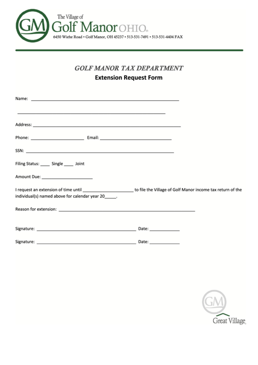 Extension Request Form - Golf Manor Tax Department Printable pdf