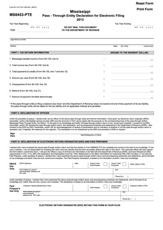 Fillable Form Ms8453-Pte - Pass - Through Entity Declaration For Electronic Filing - 2013 Printable pdf