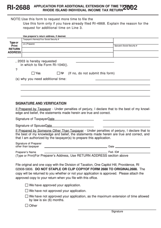 Form Ri-2688 - Application For Additional Extension Of Time To File Rhode Island Individual Income Tax Return 2002 Printable pdf