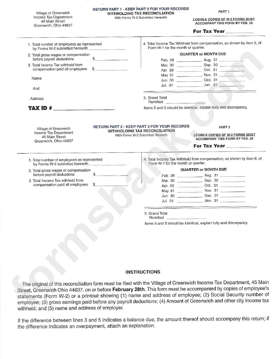 Withholding Tax Reconciliation Form - Village Of Greenwich Income Tax Department