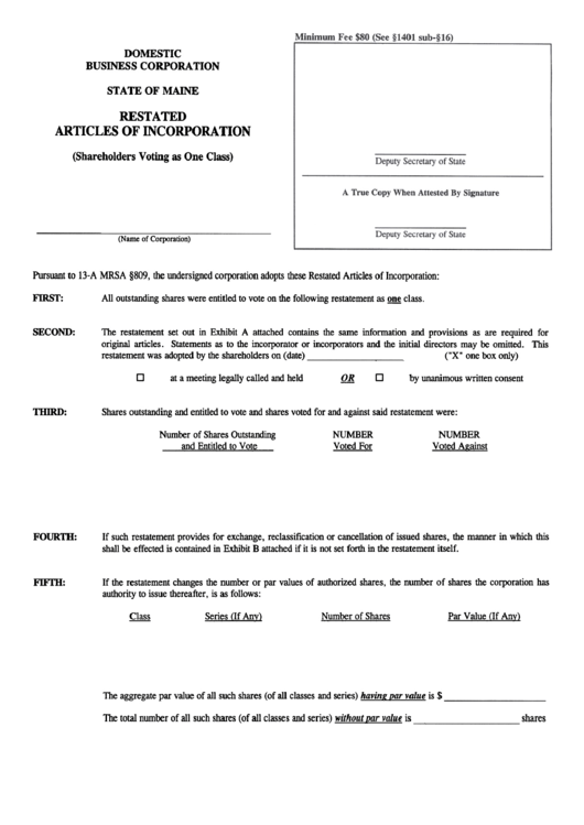 Form No. Mbca-6a - Restated Articles Of Incorporation July 2000 Printable pdf