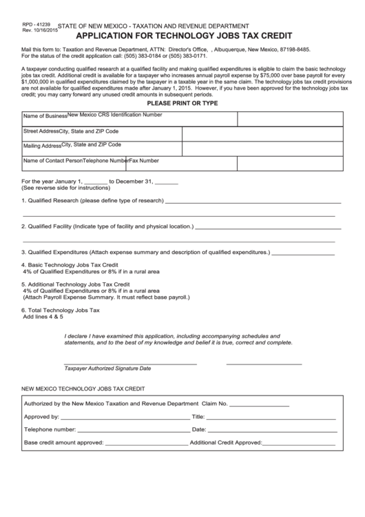 Form Rpd-41239 - Application For Technology Jobs Tax Credit - 2015 Printable pdf