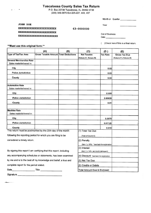 Tuscaloosa County Sales Tax Return Form - Alabama Printable pdf