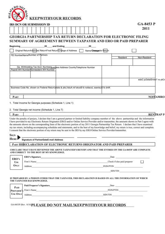 Form Ga-8453 P - Georgia Partnership Tax Return Declaration For Electronic Filing, Summary Of Agreement - 2011 Printable pdf