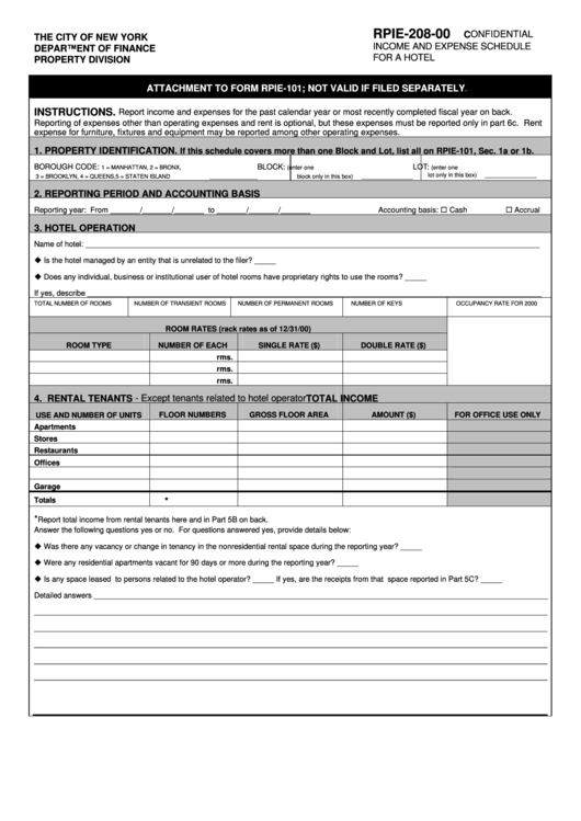 Form Rpie-208-00 - Confidential Income And Expense Schedule For A Hotel Printable pdf