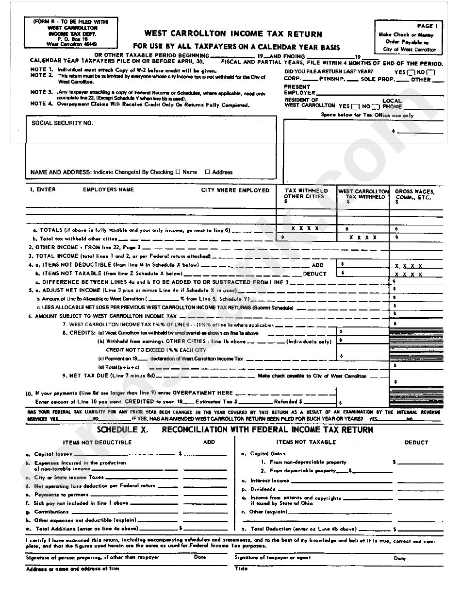 Form R - West Carrollton Income Tax Return - Ohio