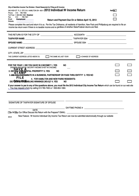 Form Ir-R - Individual No Income Return - 2012 Printable pdf