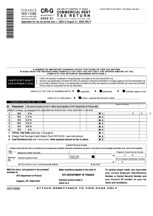 Form Cr-Q - Commercial Rent Tax Return - 2000/01 Printable pdf