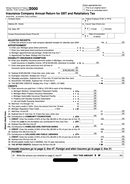 Form 1366 - Insurance Company Annual Return For Sbt And Retaliatory Tax - 2000 Printable pdf
