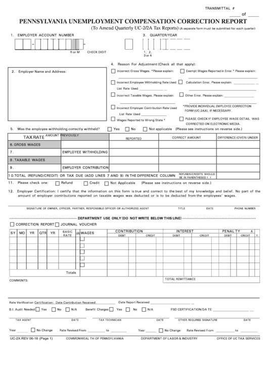 Form Uc2x Pennsylvania Unemployment Compensation Correction Report