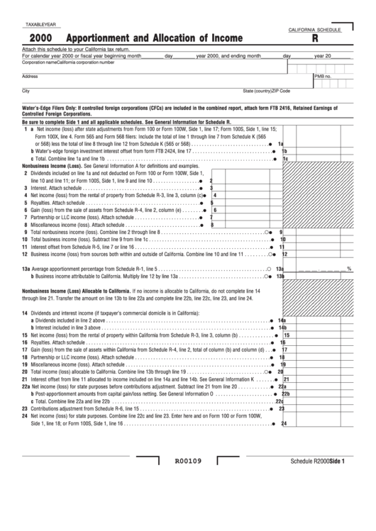 California Schedule R - Apportionment And Allocation Of Income - 2000 Printable pdf