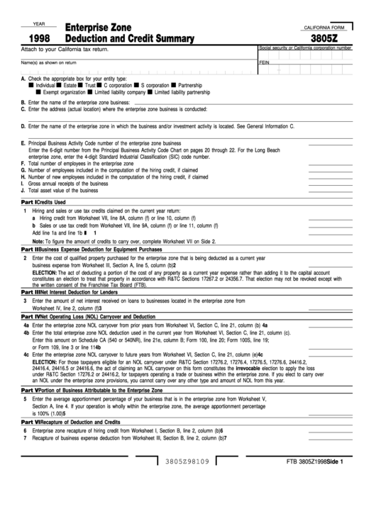 Fillable Form 3805z - Enterprise Zone Deduction And Credit Summary - 1998 Printable pdf