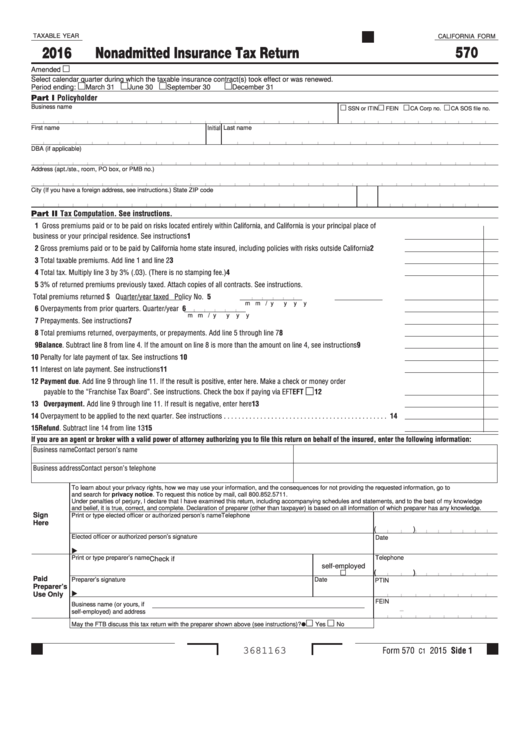 Fillable California Form 570 - Nonadmitted Insurance Tax Return - 2016 Printable pdf