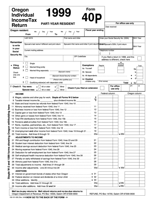 Form 40p - Oregon Individual Incometax Return - 1999 Printable pdf
