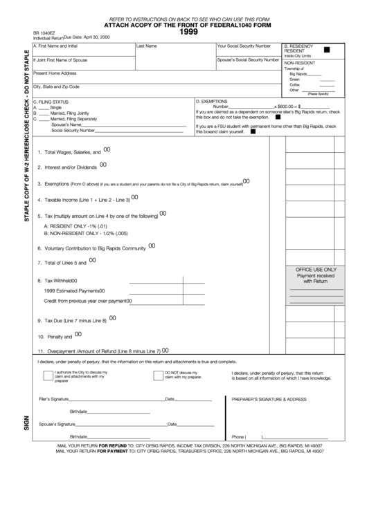Form Br 1040ez - Individual Return - 1999 Printable pdf