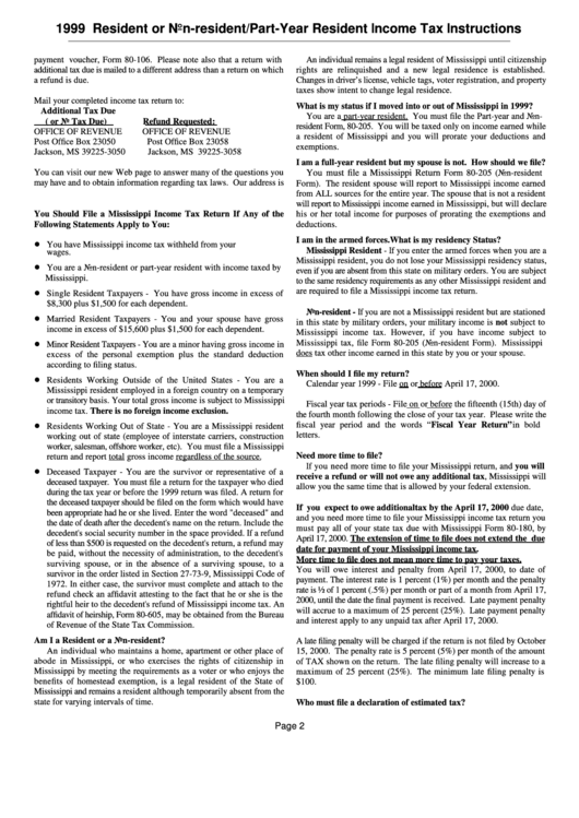 1999 Resident Or Non-Resident/part-Year Resident Income Tax Instructions - Office Of Revenue Printable pdf