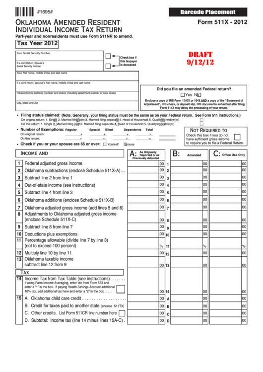 Form 511x Draft - Oklahoma Amended Resident Individual Income Tax Return - 2012 Printable pdf