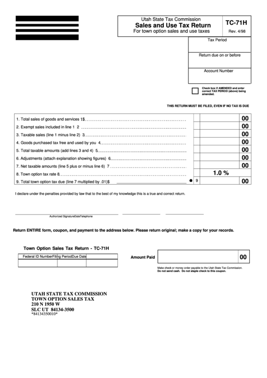 Fillable Form Tc-71h - Sales And Use Tax Return Printable pdf