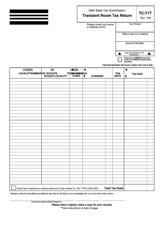 Fillable Form Tc-71t - Transient Room Tax Return Printable pdf