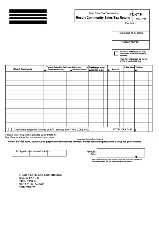Fillable Form Tc-71r - Resort Community Sales Tax Return Printable pdf
