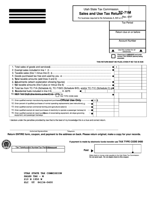 Fillable Form Tc-71m - Sales And Use Tax Return - Utah State Tax Commission - 1997 Printable pdf