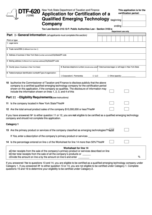 Form Dtf-620 - Application For Certification Of A Qualified Emerging Technology Company Printable pdf