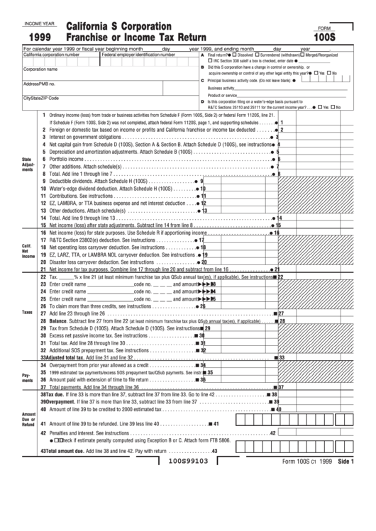 Form 100s - California S Corporation Franchise Or Income Tax Return - 1999 Printable pdf