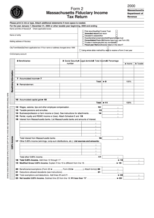 Form 2 - Massachusetts Fiduciary Income Tax Return - 2000 Printable pdf