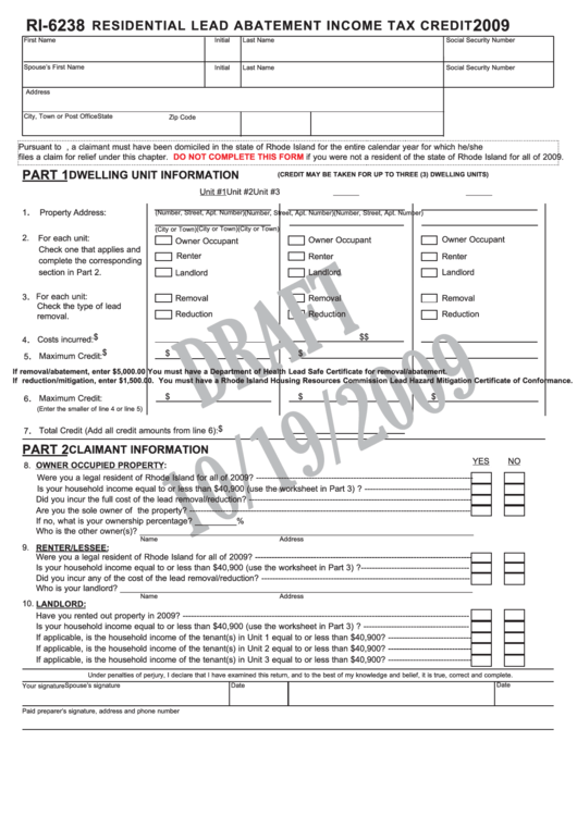 Form Ri-6238 Draft - Residential Lead Abatement Income Tax Credit - 2009 Printable pdf