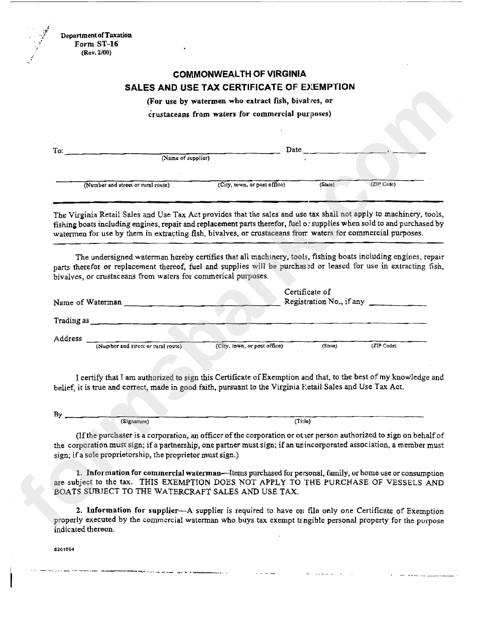 Form St-16 - Commonwealth Of Virginia Sales And Use Tax Certificate Of Exemption