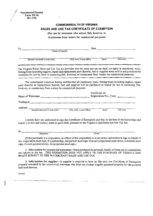 Form St-16 - Commonwealth Of Virginia Sales And Use Tax Certificate Of Exemption Printable pdf