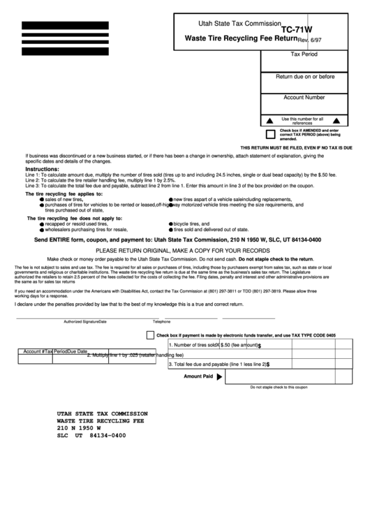 Fillable Form Tc-71w - Waste Tire Recycling Fee Return Printable pdf