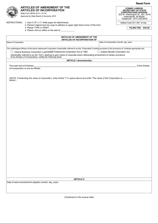 Fillable Form 38333 - Articles Of Amendment Of The Articles Of Incorporation Form 2015 Printable pdf