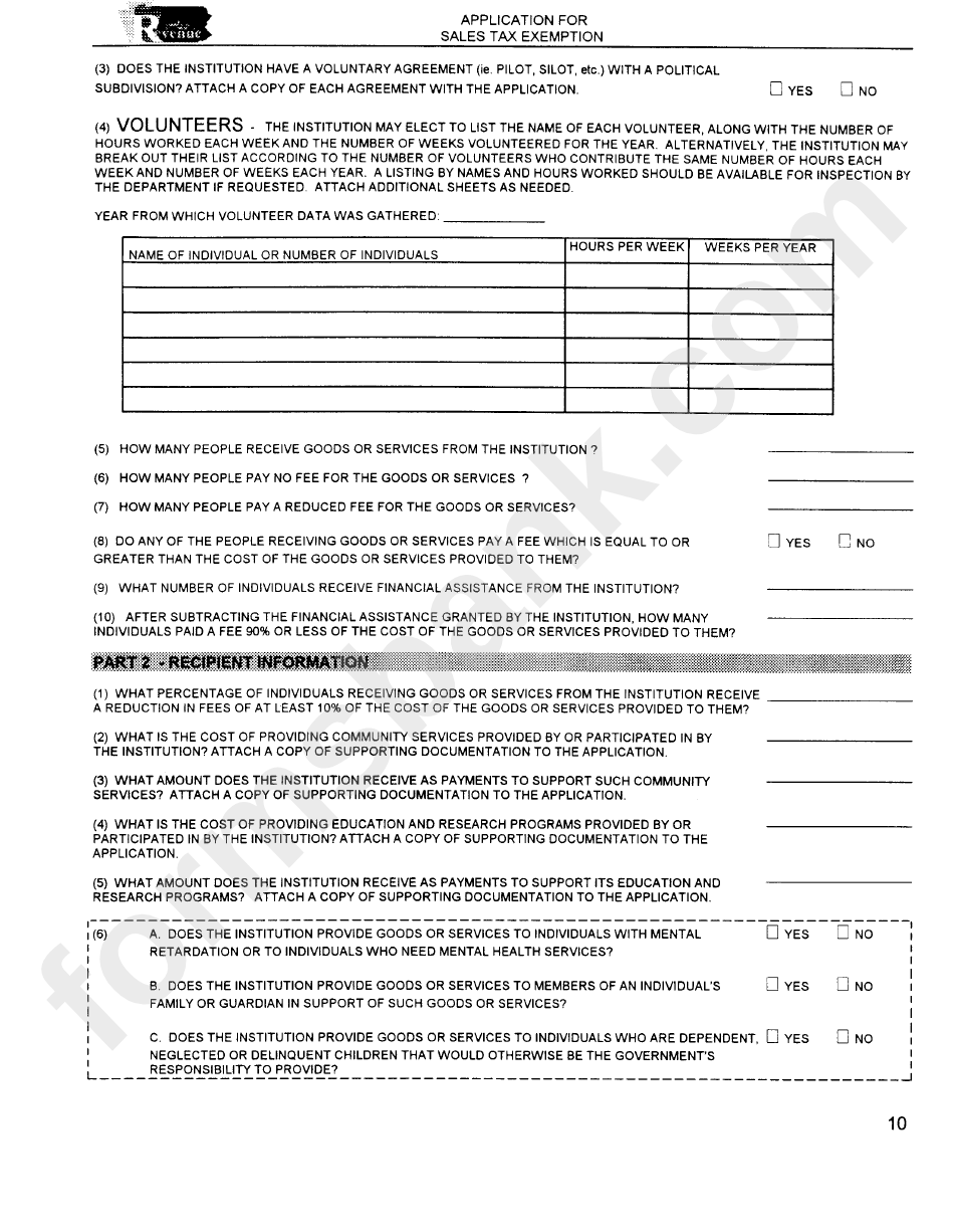 Application For Sales Tax Exemption