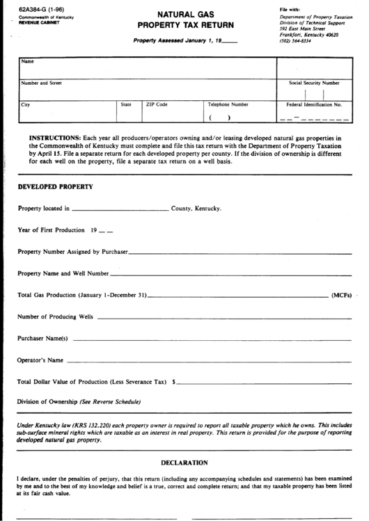 Fillable Form 62a384-G - Natural Gas Property Tax Return Printable pdf